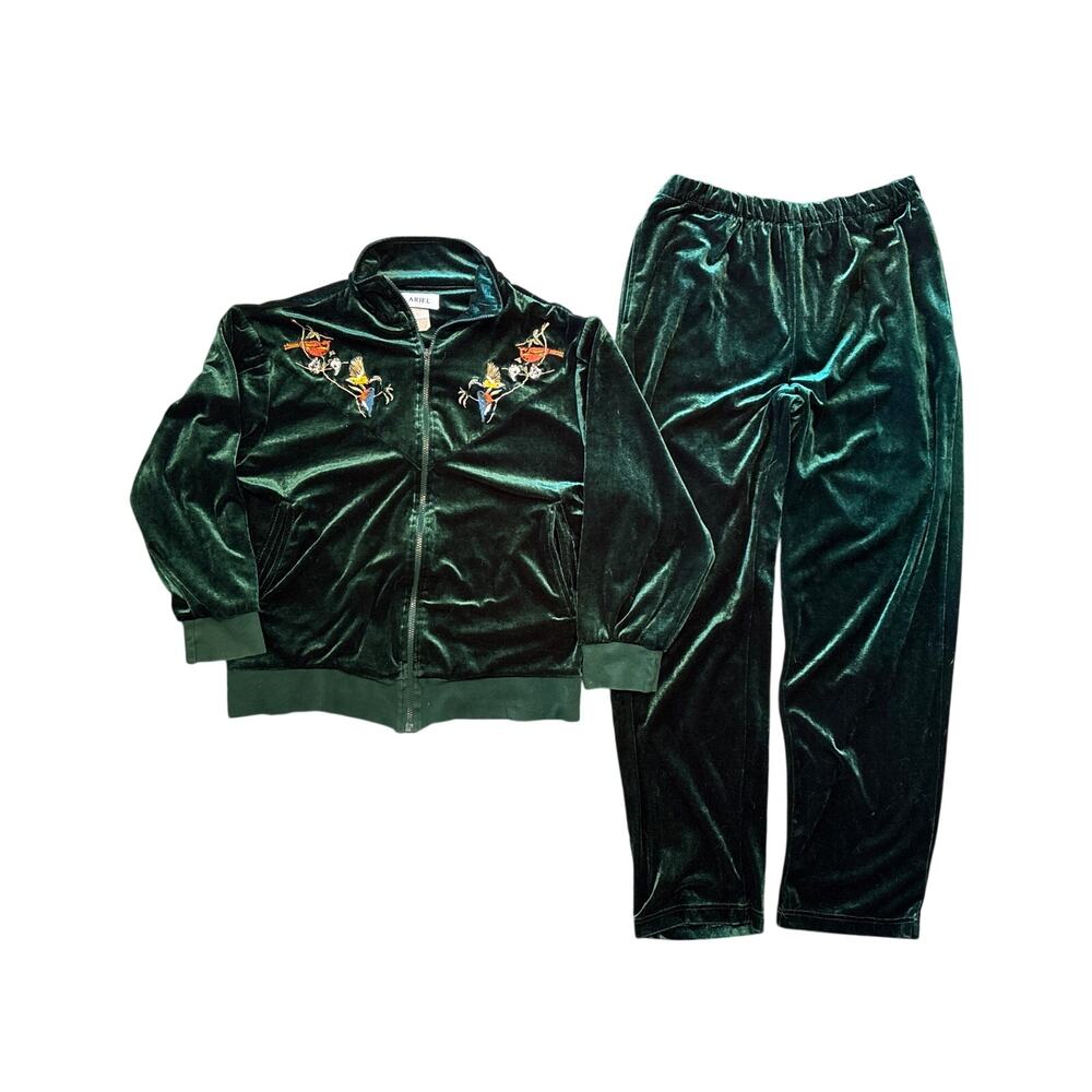 ARIEL 2-pc Velour Velvet Track suit Lounge full zip top Medium 30” pants Green